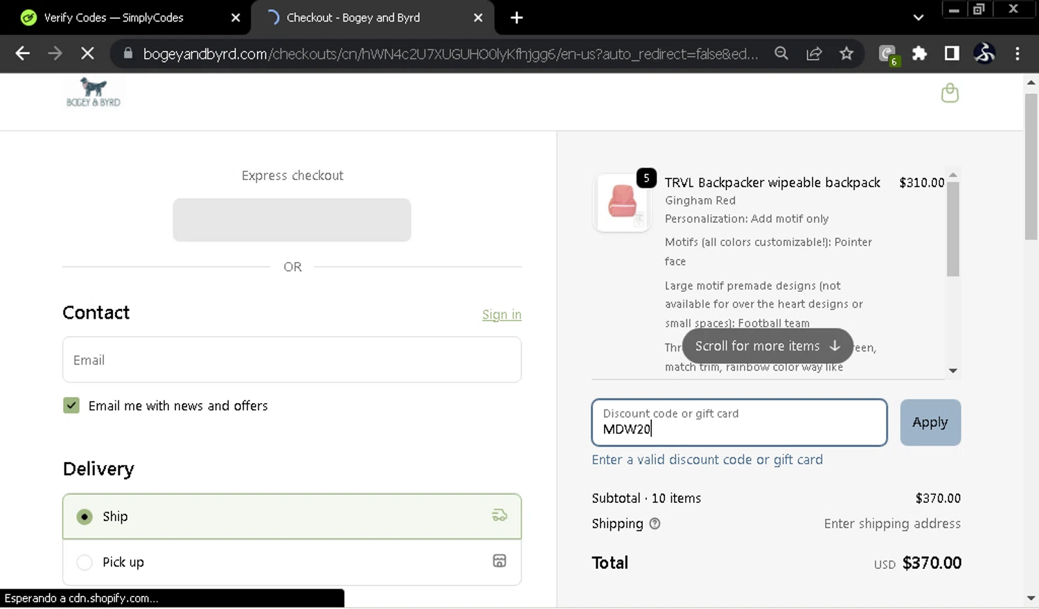 Bogey and Byrd promo code screenshot showing code MDW20 applied at Bogey and Byrd checkout page. Uploaded by SimplyCodes community member SwiftOwl697 on Oct 27, 2025