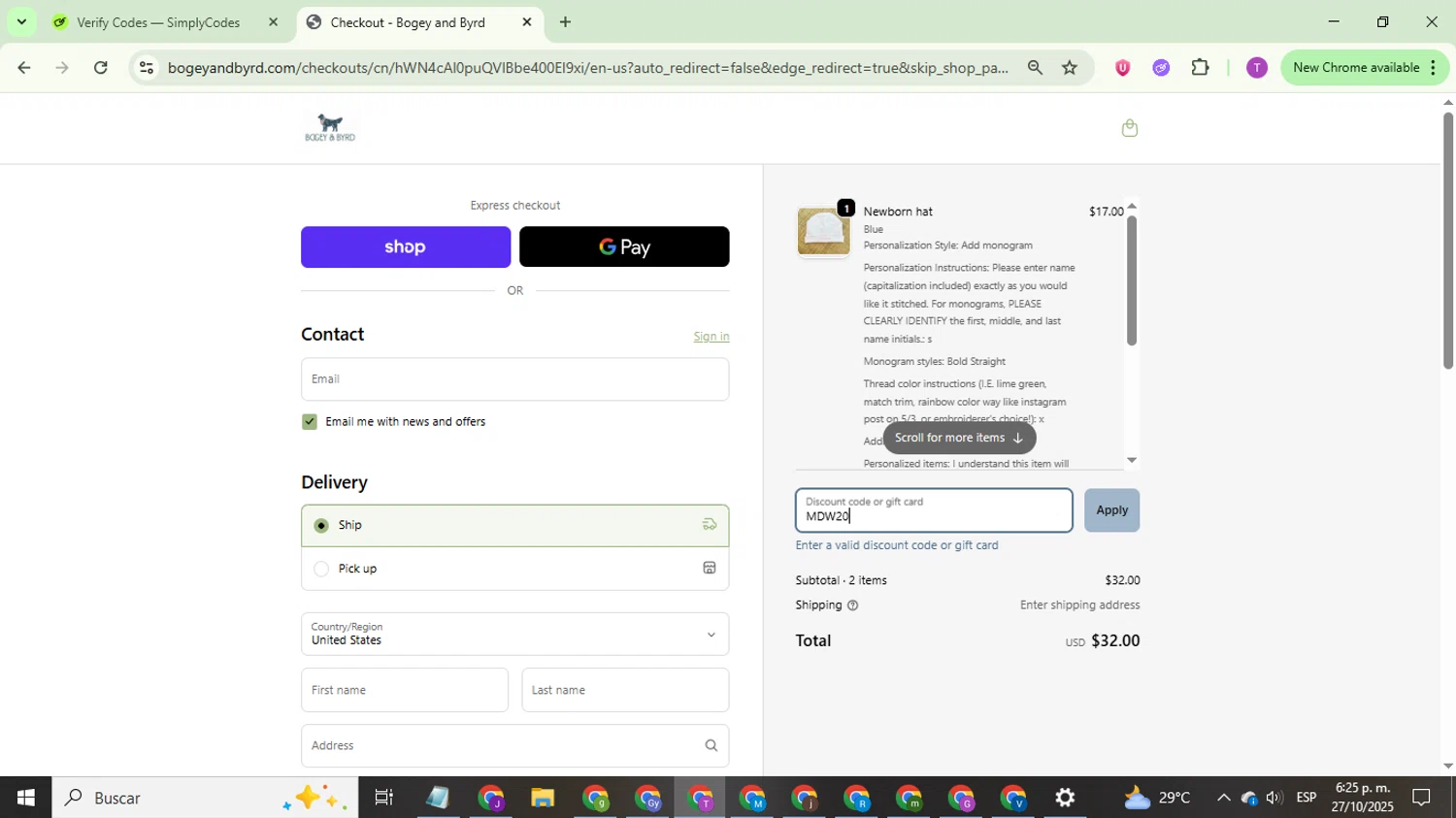 Bogey and Byrd promo code screenshot showing code MDW20 applied at Bogey and Byrd checkout page. Uploaded by SimplyCodes community member ThriftyCurator4085 on Oct 27, 2025