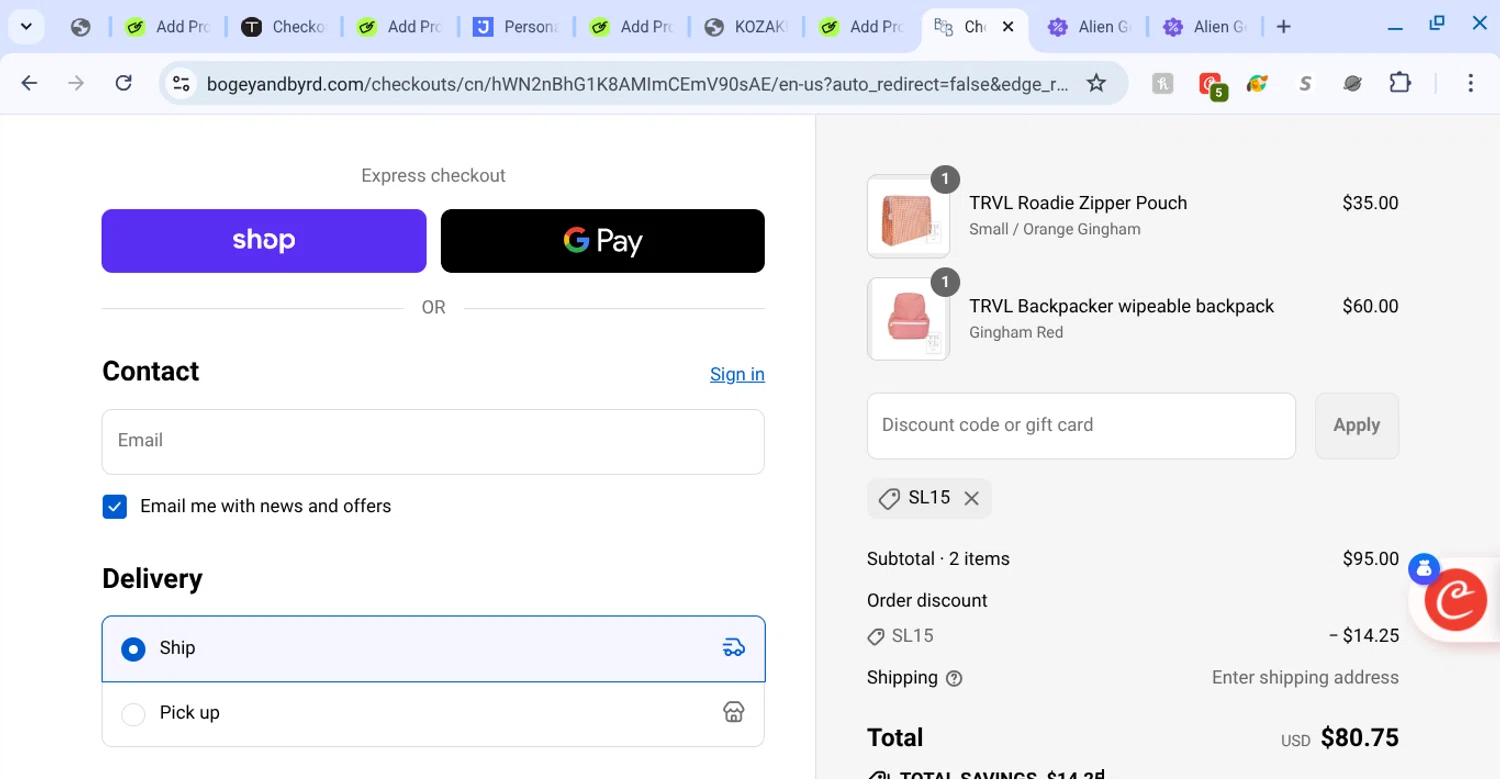 Bogey and Byrd promo code screenshot showing code sl15 applied at Bogey and Byrd checkout page. Uploaded by SimplyCodes community member KarinaHZ on Sep 9, 2025