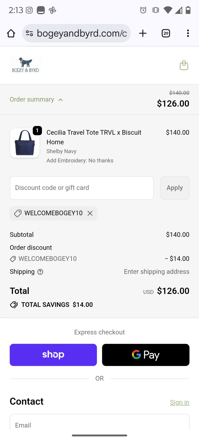 Bogey and Byrd promo code screenshot showing code WelcomeBogey10 applied at Bogey and Byrd checkout page. Uploaded by SimplyCodes community member Runner on Nov 12, 2025