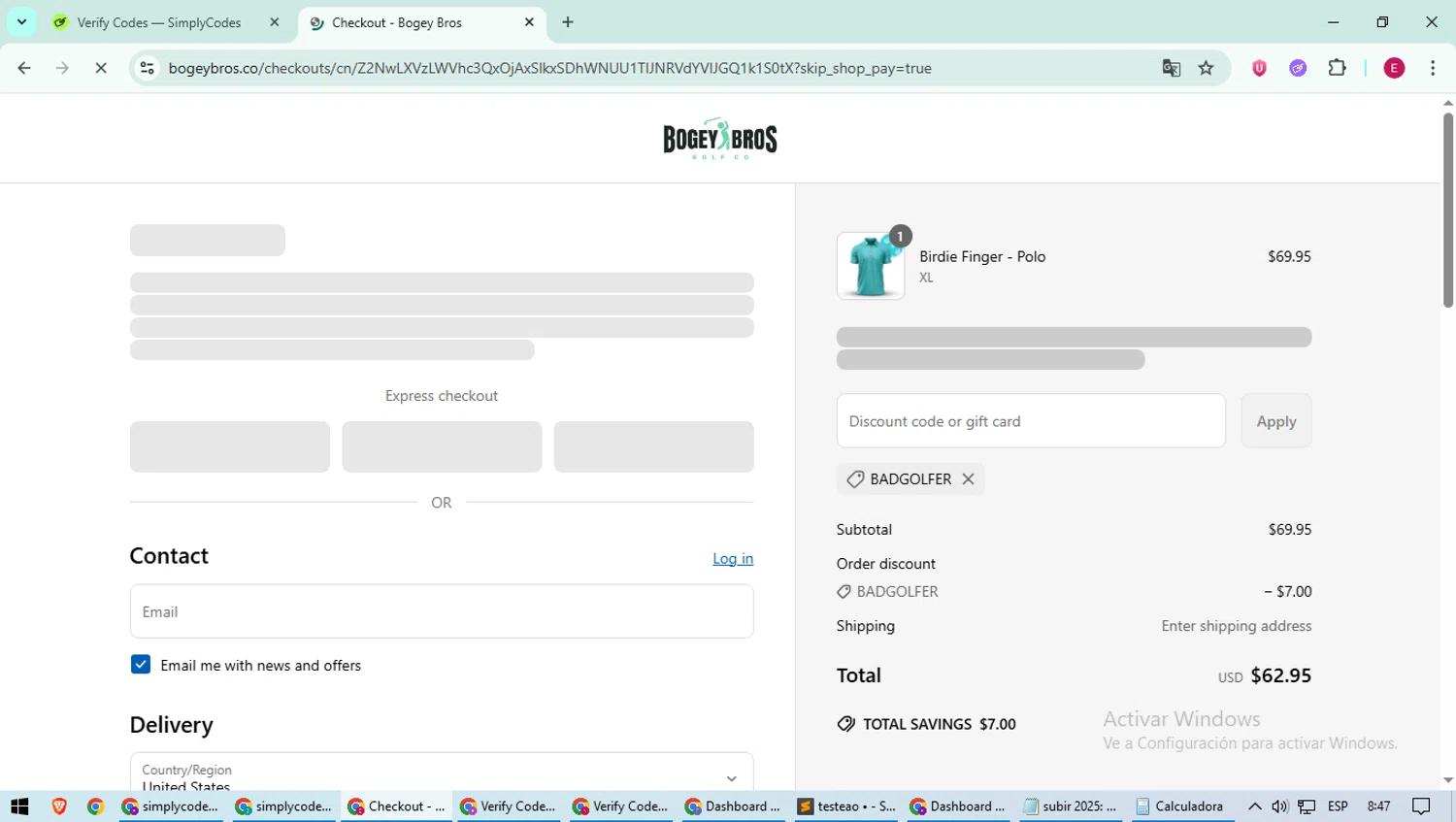 Bogey Bros discount code screenshot showing code BADGOLFER applied at Bogey Bros checkout page. Uploaded by SimplyCodes community member BrilliantWhiz4434 on Jun 18, 2025