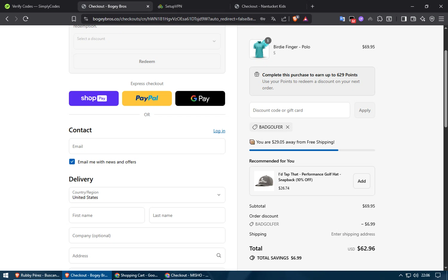 Bogey Bros discount code screenshot showing code BADGOLFER applied at Bogey Bros checkout page. Uploaded by SimplyCodes community member ShieldElite2370 on Jul 28, 2025