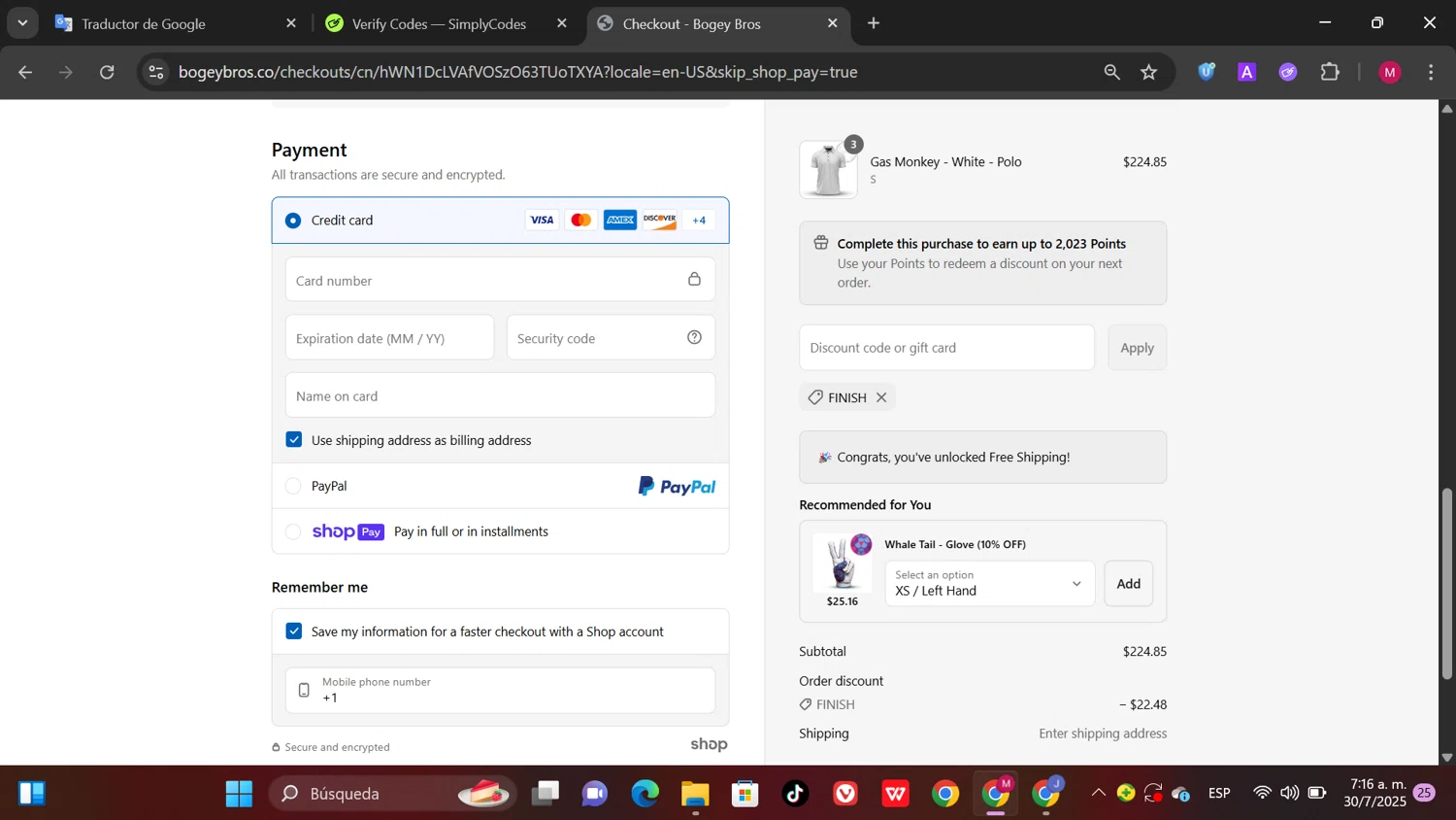 Bogey Bros discount code screenshot showing code FINISH applied at Bogey Bros checkout page. Uploaded by SimplyCodes community member SwiftPioneer1769 on Jul 30, 2025