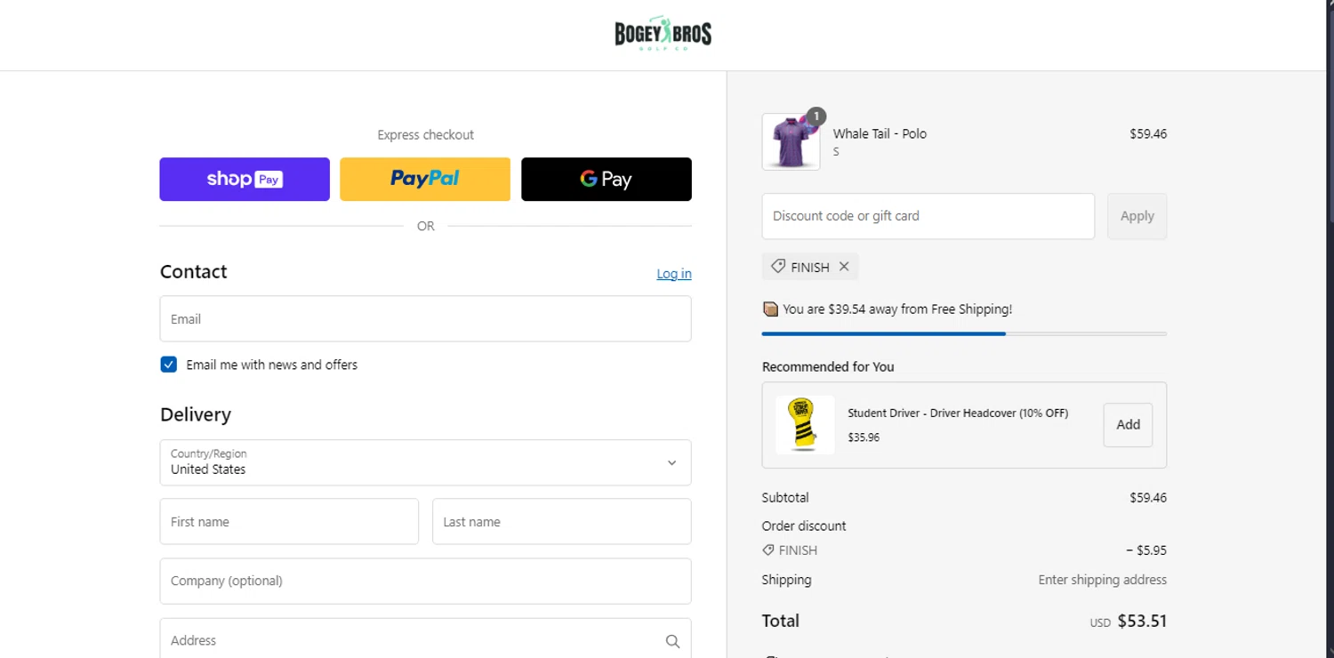 Bogey Bros discount code screenshot showing code FINISH applied at Bogey Bros checkout page. Uploaded by SimplyCodes community member RewardLynx9164 on Feb 16, 2025