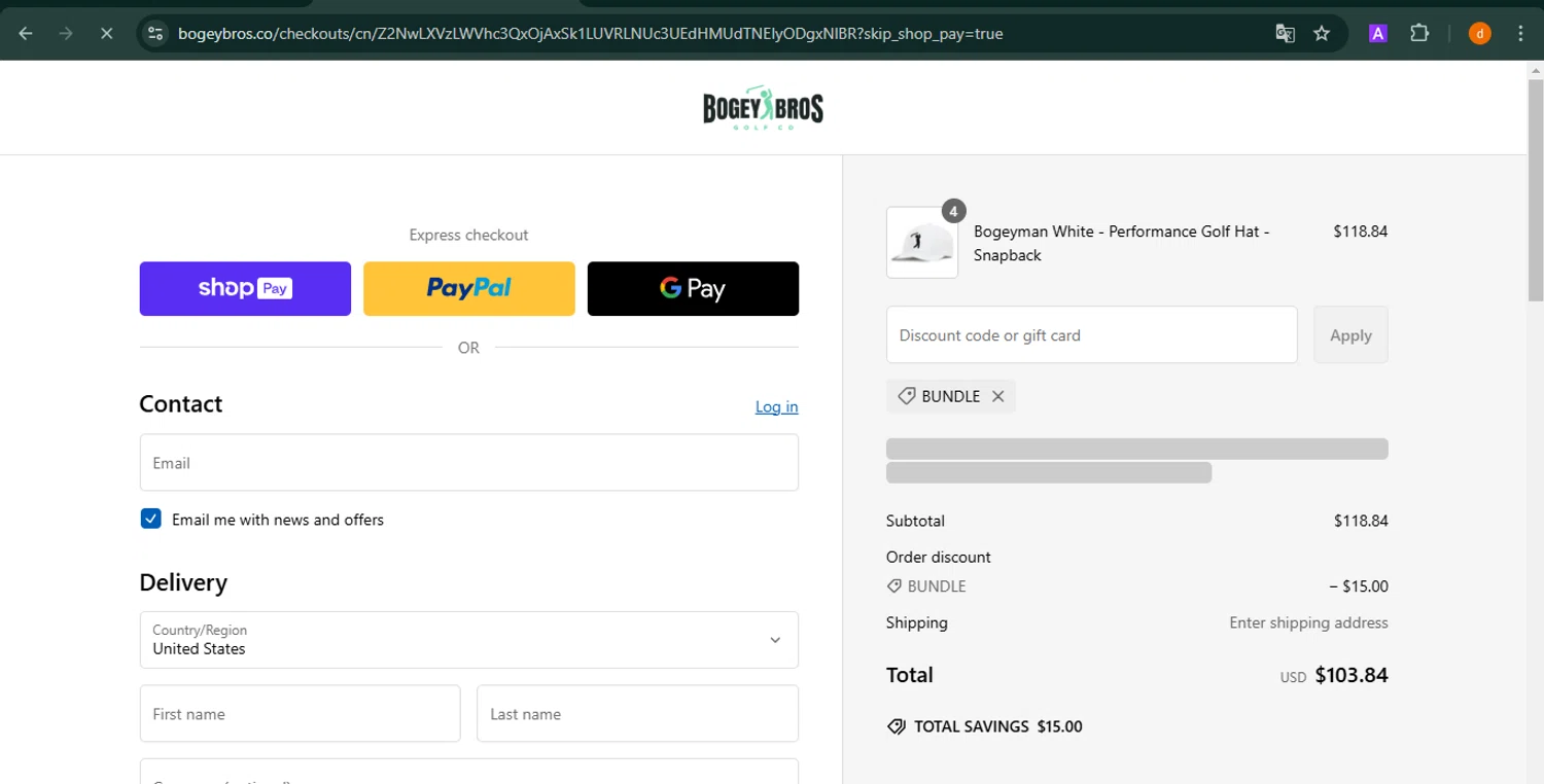 Bogey Bros discount code screenshot showing code BUNDLE applied at Bogey Bros checkout page. Uploaded by SimplyCodes community member PennyAdmiral6960 on Feb 21, 2025