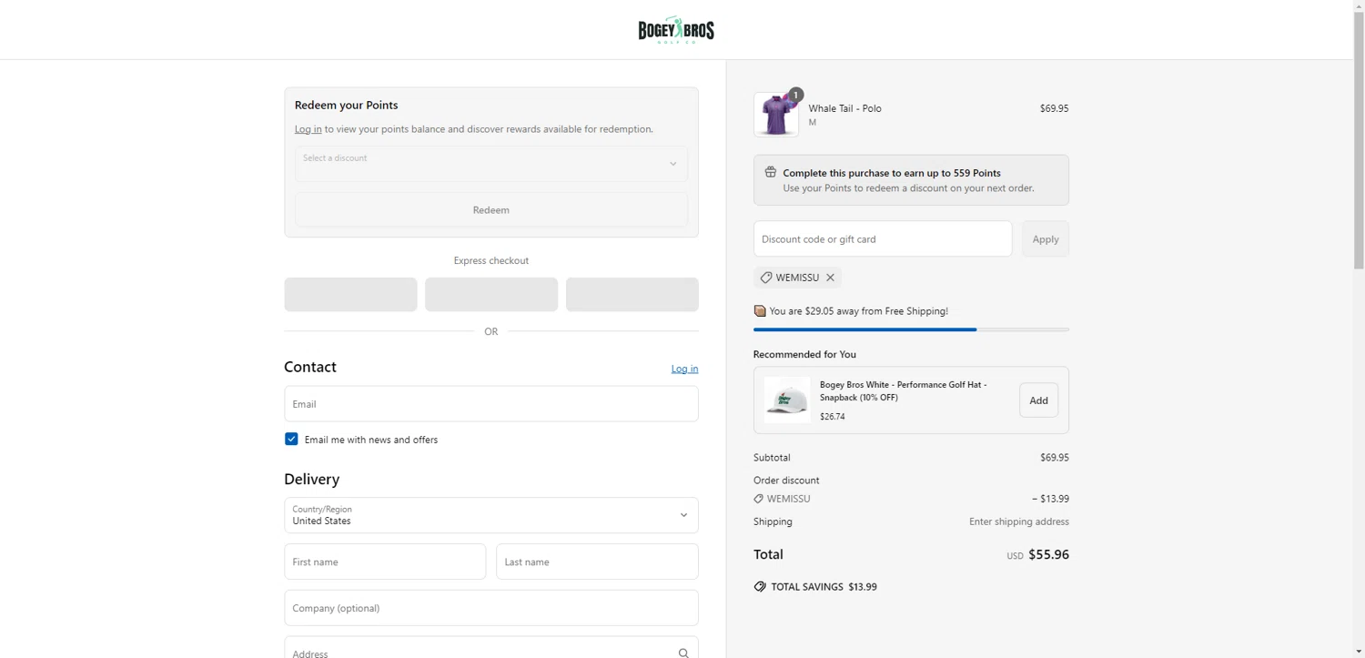 Bogey Bros discount code screenshot showing code WEMISSU applied at Bogey Bros checkout page. Uploaded by SimplyCodes community member PennyRanger8219 on May 14, 2025