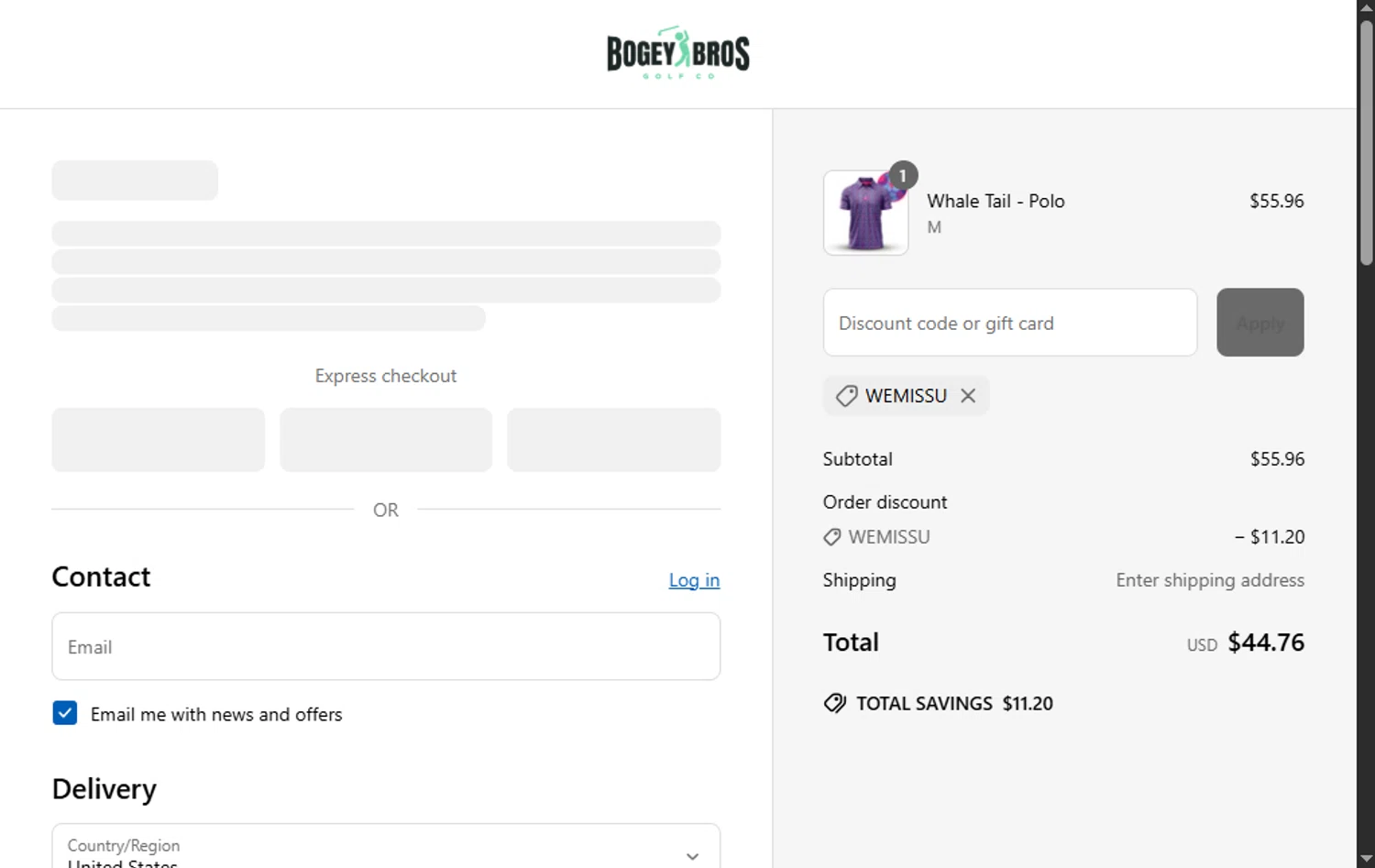 Bogey Bros discount code screenshot showing code WEMISSU applied at Bogey Bros checkout page. Uploaded by SimplyCodes community member SwiftTracker8156 on May 23, 2025