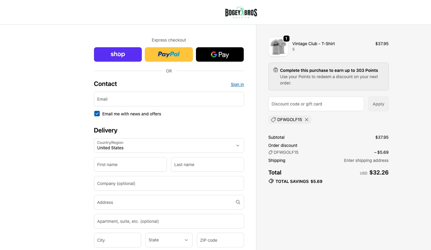 Bogey Bros promo code screenshot showing code DFWGOLF15 applied at Bogey Bros checkout page. Uploaded by SimplyCodes community member ELOIN777 on Jun 15, 2026