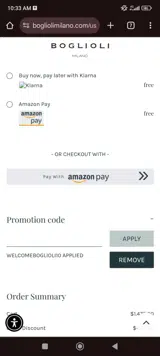 WELCOMEBOGLIOLI10 coupon verification screenshot