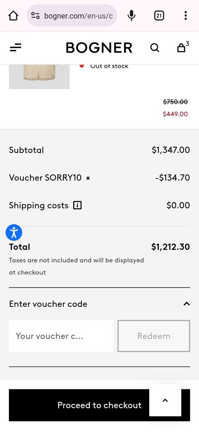 Bogner checkout page showing Bogner promo code box | Screenshot taken by SimplyCodes community member on Oct 25, 2023