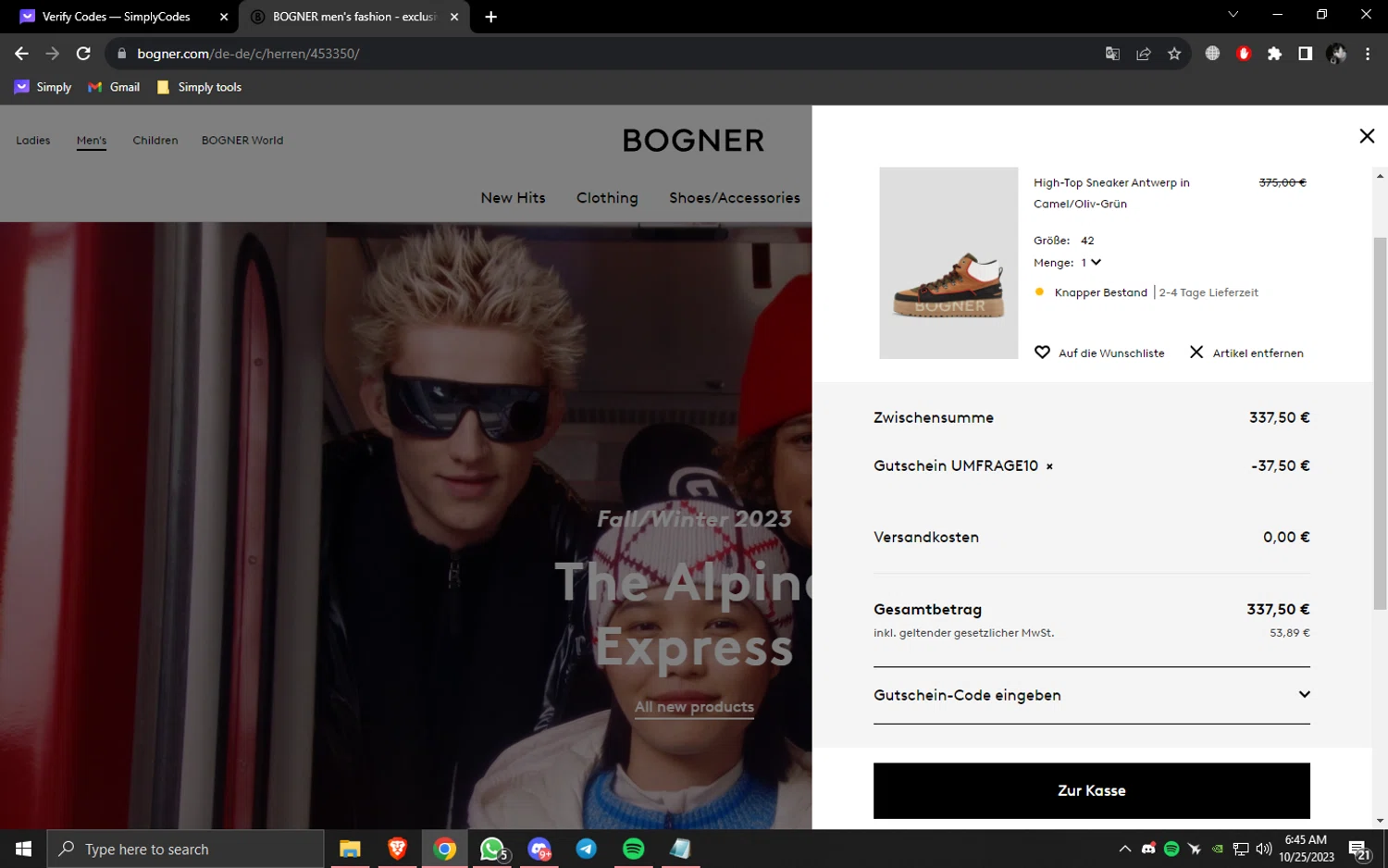 Bogner checkout page showing Bogner promo code box | Screenshot taken by SimplyCodes community member on Oct 25, 2023