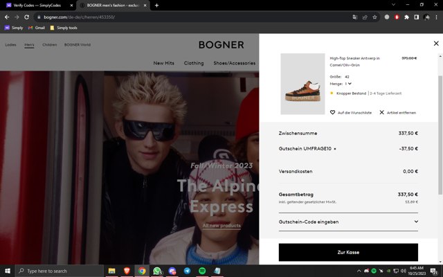 Bogner checkout page showing Bogner promo code box | Screenshot taken by SimplyCodes community member on Oct 25, 2023
