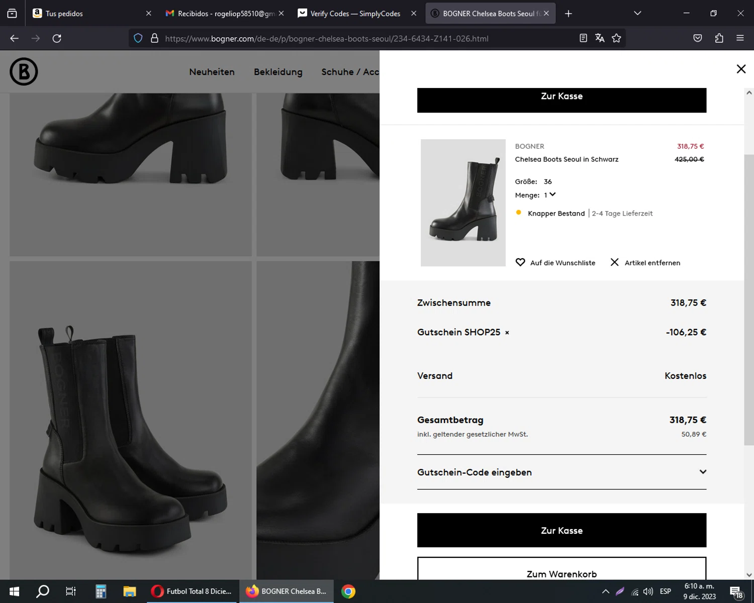 Bogner checkout page showing Bogner promo code box | Screenshot taken by SimplyCodes community member on Dec 9, 2023