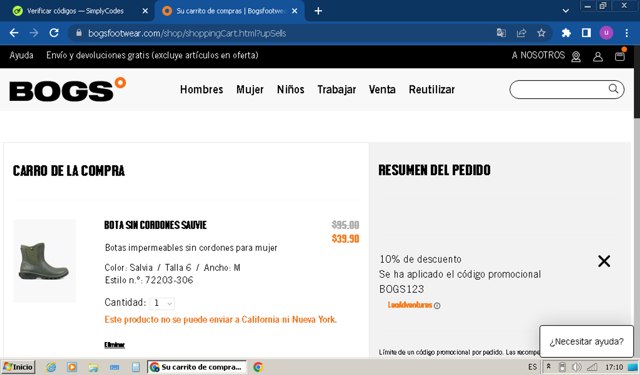 Bogs Footwear checkout page showing Bogs Footwear promo code box | Screenshot taken by SimplyCodes community member on Jun 19, 2025