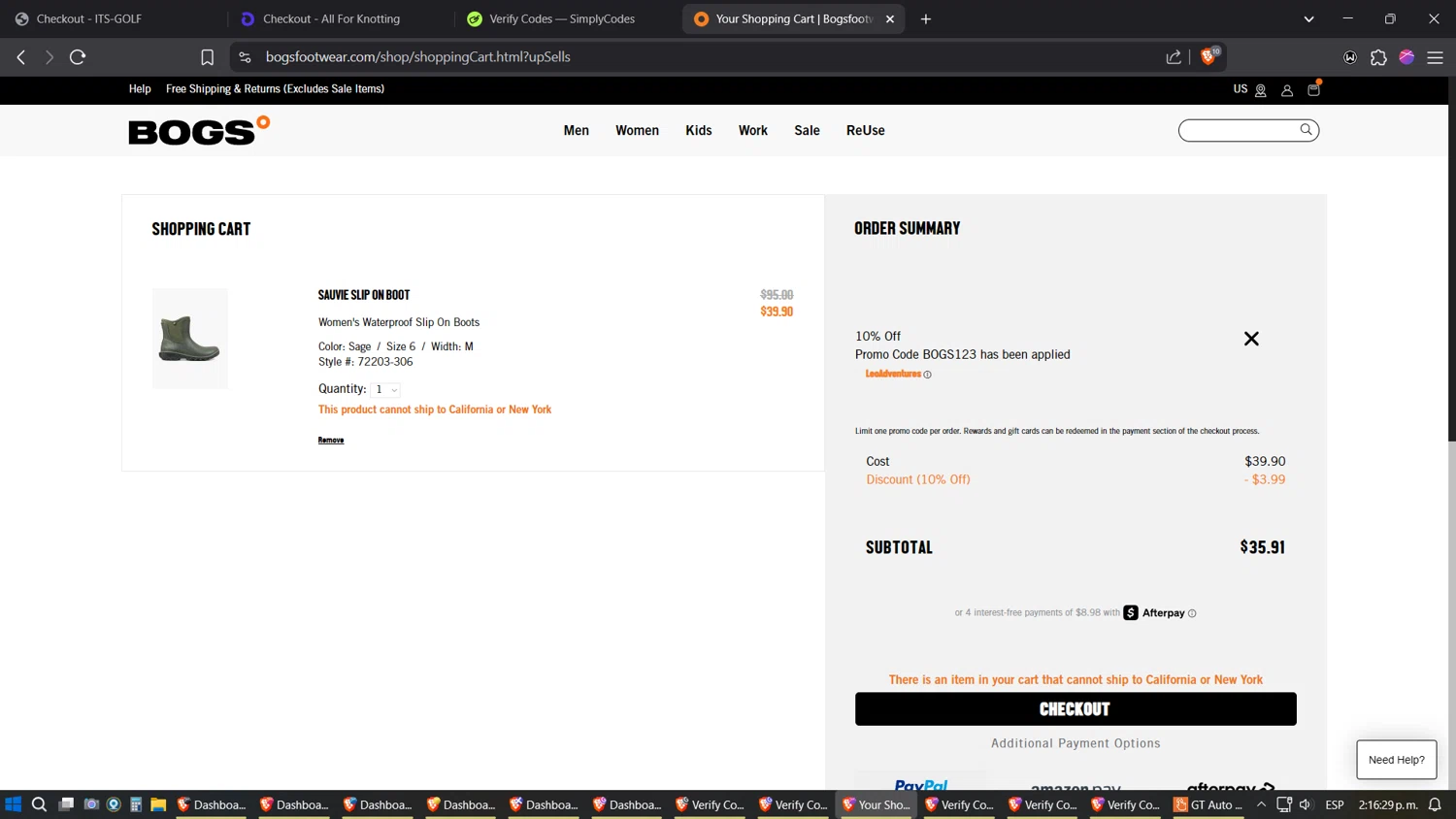 Bogs Footwear promo code screenshot showing code BOGS123 applied at Bogs Footwear checkout page. Uploaded by SimplyCodes community member TreasureExpert3303 on May 8, 2025