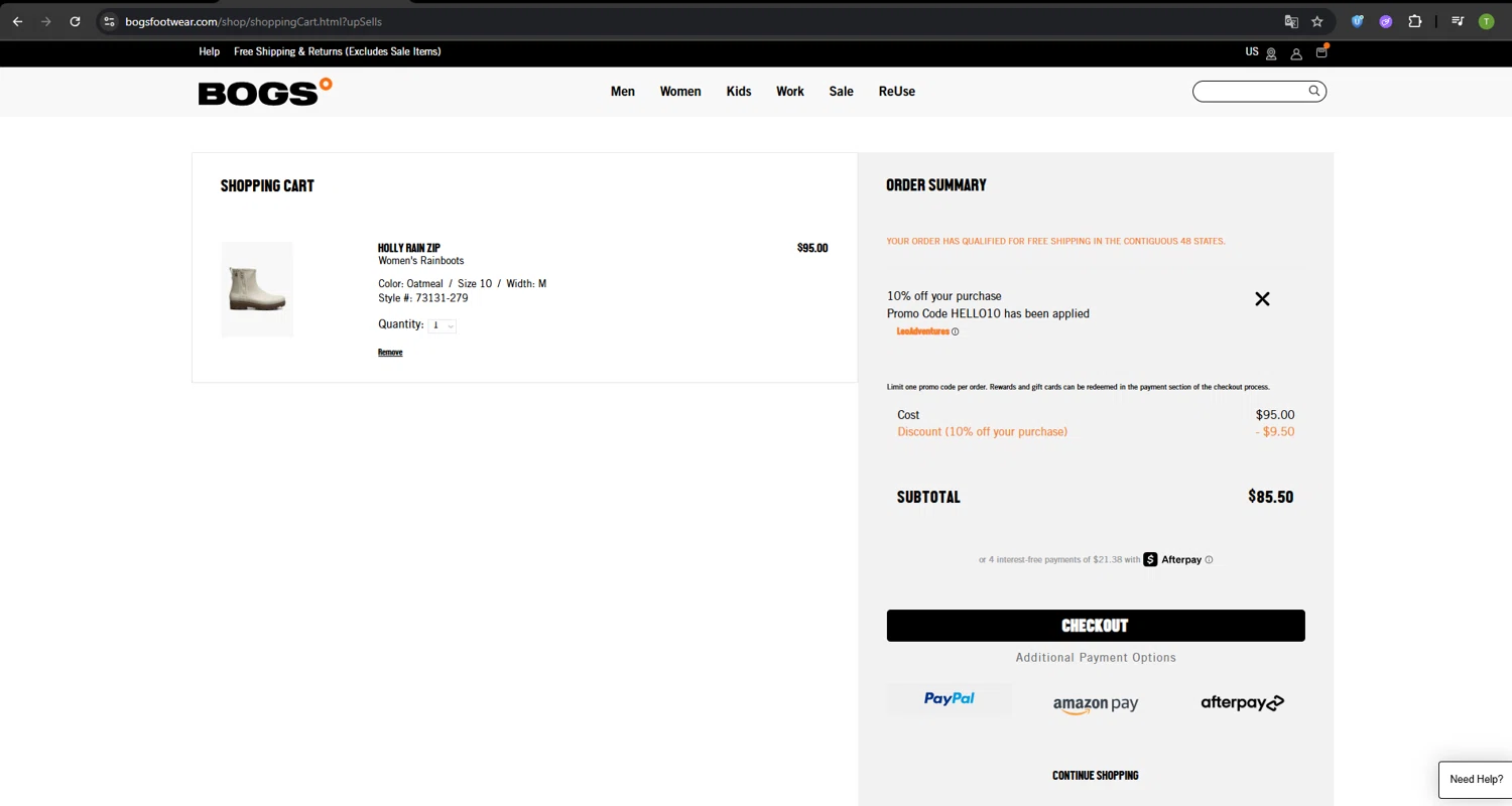 Bogs Footwear promo code screenshot showing code HELLO10 applied at Bogs Footwear checkout page. Uploaded by SimplyCodes community member SavvyNavigator1720 on Jun 19, 2025
