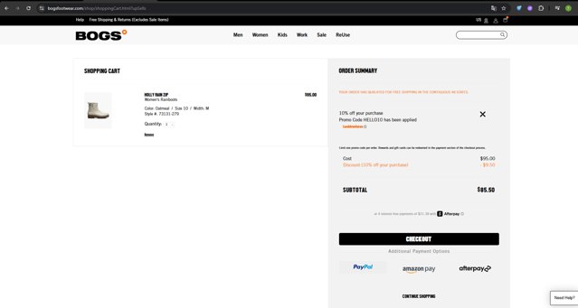 Bogs Footwear checkout page showing Bogs Footwear promo code box | Screenshot taken by SimplyCodes community member on Jun 19, 2025