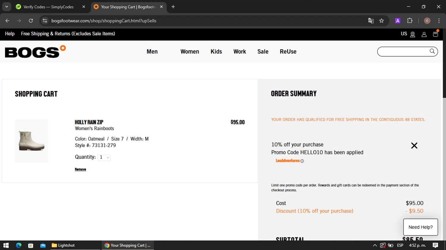 Bogs Footwear promo code screenshot showing code HELLO10 applied at Bogs Footwear checkout page. Uploaded by SimplyCodes community member VoucherRanger901 on Jun 12, 2025