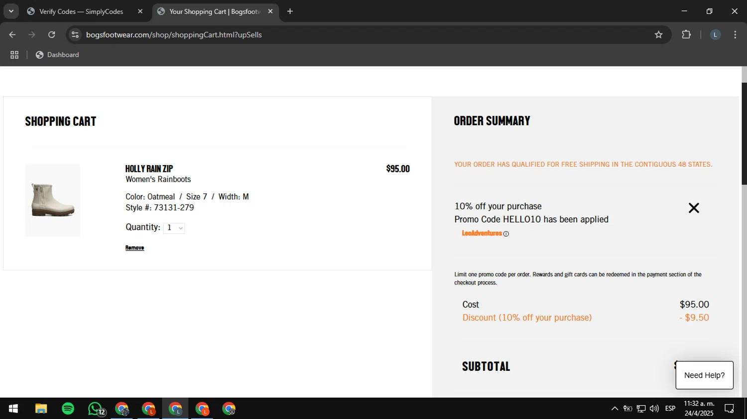 Bogs Footwear promo code screenshot showing code HELLO10 applied at Bogs Footwear checkout page. Uploaded by SimplyCodes community member RewardExpert2936 on Apr 24, 2025