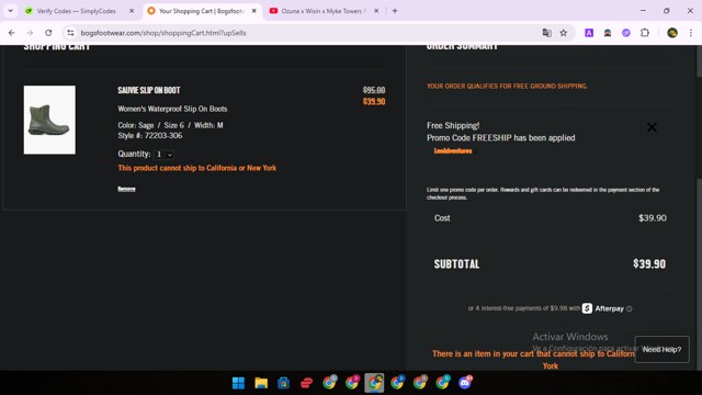Bogs Footwear checkout page showing Bogs Footwear promo code box | Screenshot taken by SimplyCodes community member on Jun 19, 2025
