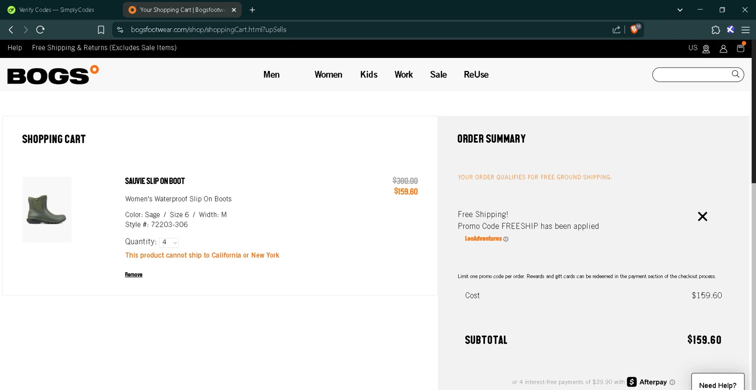 Bogs Footwear promo code screenshot showing code FREESHIP applied at Bogs Footwear checkout page. Uploaded by SimplyCodes community member RoyalMaverick7546 on Jun 12, 2025