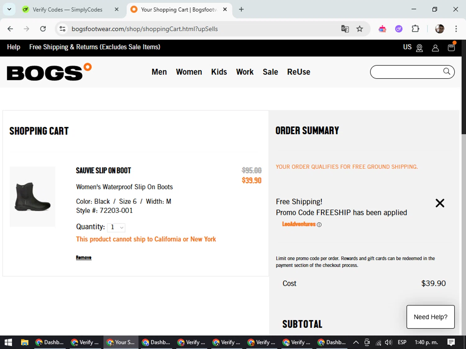 Bogs Footwear promo code screenshot showing code FREESHIP applied at Bogs Footwear checkout page. Uploaded by SimplyCodes community member DiscountSeeker682 on May 8, 2025