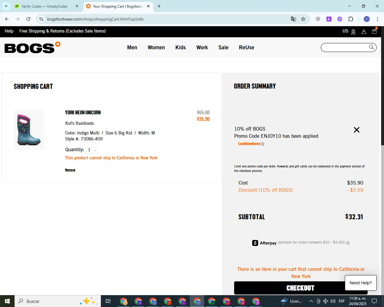 Bogs Footwear promo code screenshot showing code ENJOY10 applied at Bogs Footwear checkout page. Uploaded by SimplyCodes community member EpicCurator4666 on Apr 24, 2025