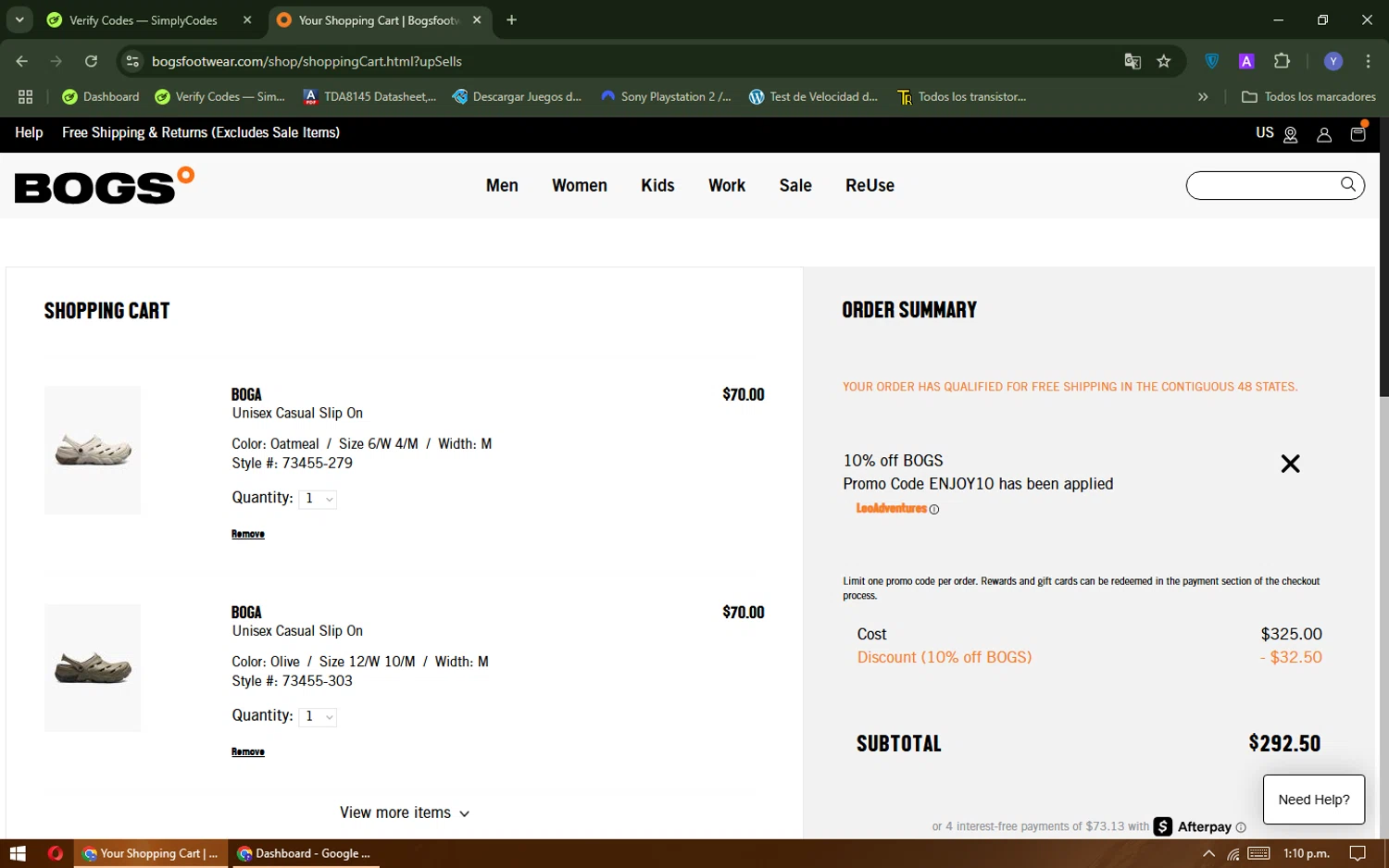 Bogs Footwear promo code screenshot showing code ENJOY10 applied at Bogs Footwear checkout page. Uploaded by SimplyCodes community member WonderGenius7678 on May 8, 2025