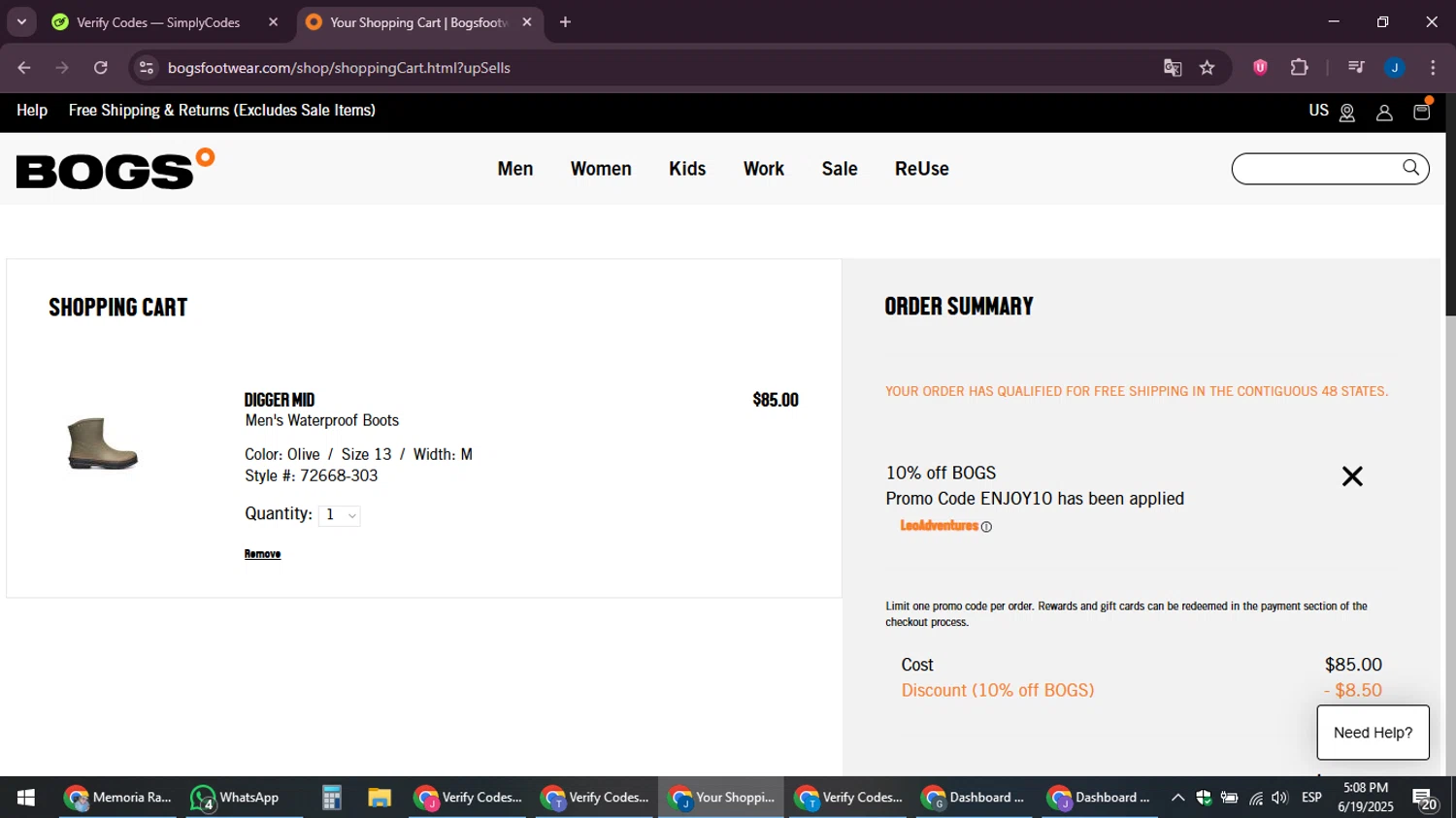 Bogs Footwear promo code screenshot showing code ENJOY10 applied at Bogs Footwear checkout page. Uploaded by SimplyCodes community member noesmith34ur on Jun 19, 2025