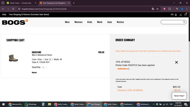 Bogs Footwear checkout page showing Bogs Footwear promo code box | Screenshot taken by SimplyCodes community member on Jun 19, 2025