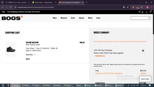 Bogs Footwear checkout page showing Bogs Footwear promo code box | Screenshot taken by SimplyCodes community member on Aug 16, 2025