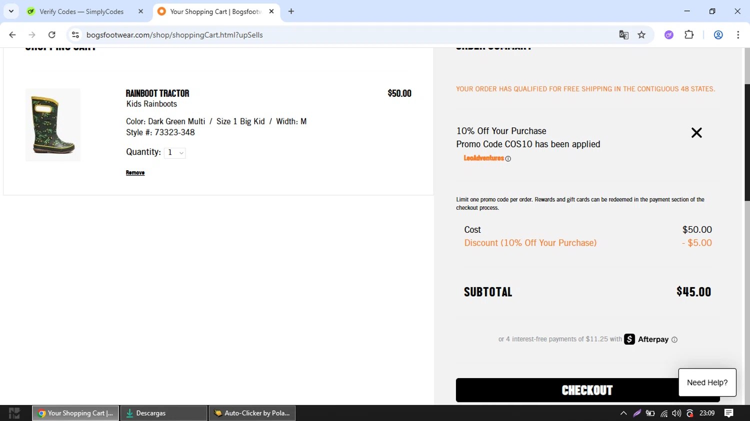 Bogs Footwear promo code screenshot showing code COS10 applied at Bogs Footwear checkout page. Uploaded by SimplyCodes community member TokenAce5969 on Jun 19, 2025