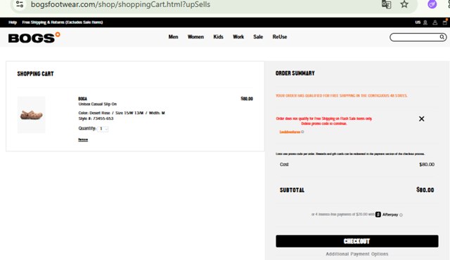 Bogs Footwear checkout page showing Bogs Footwear promo code box | Screenshot taken by SimplyCodes community member on Jul 5, 2025