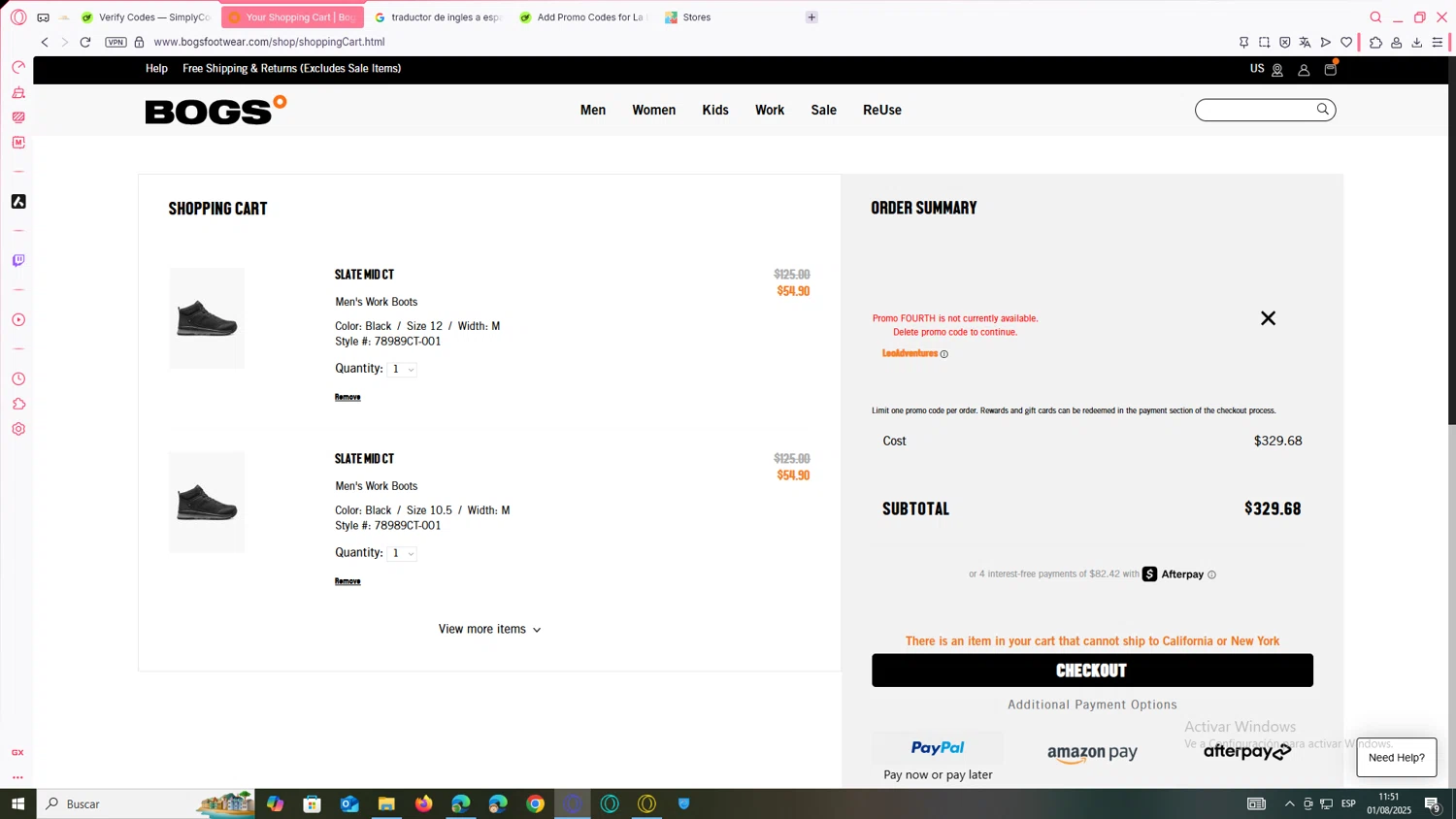 Bogs Footwear promo code screenshot showing code fourth applied at Bogs Footwear checkout page. Uploaded by SimplyCodes community member yanetrod on Aug 1, 2025