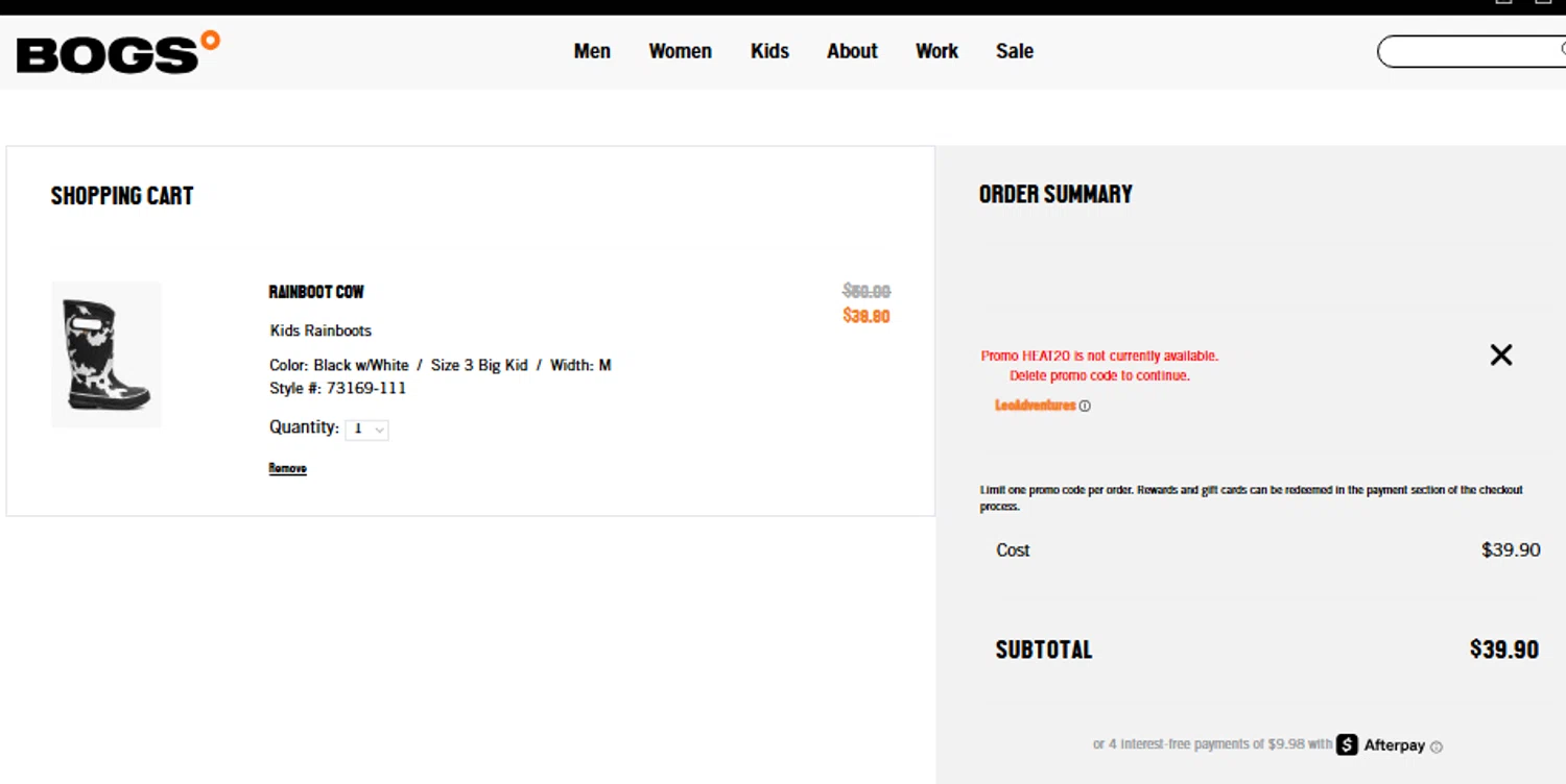 Bogs Footwear promo code screenshot showing code HEAT20 applied at Bogs Footwear checkout page. Uploaded by SimplyCodes community member CouponLion3243 on Aug 19, 2025