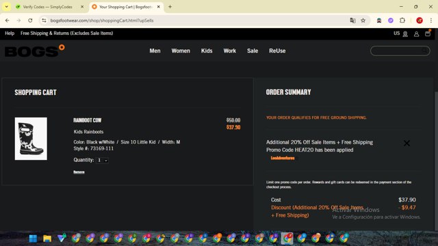 Bogs Footwear checkout page showing Bogs Footwear promo code box | Screenshot taken by SimplyCodes community member on Jul 21, 2025