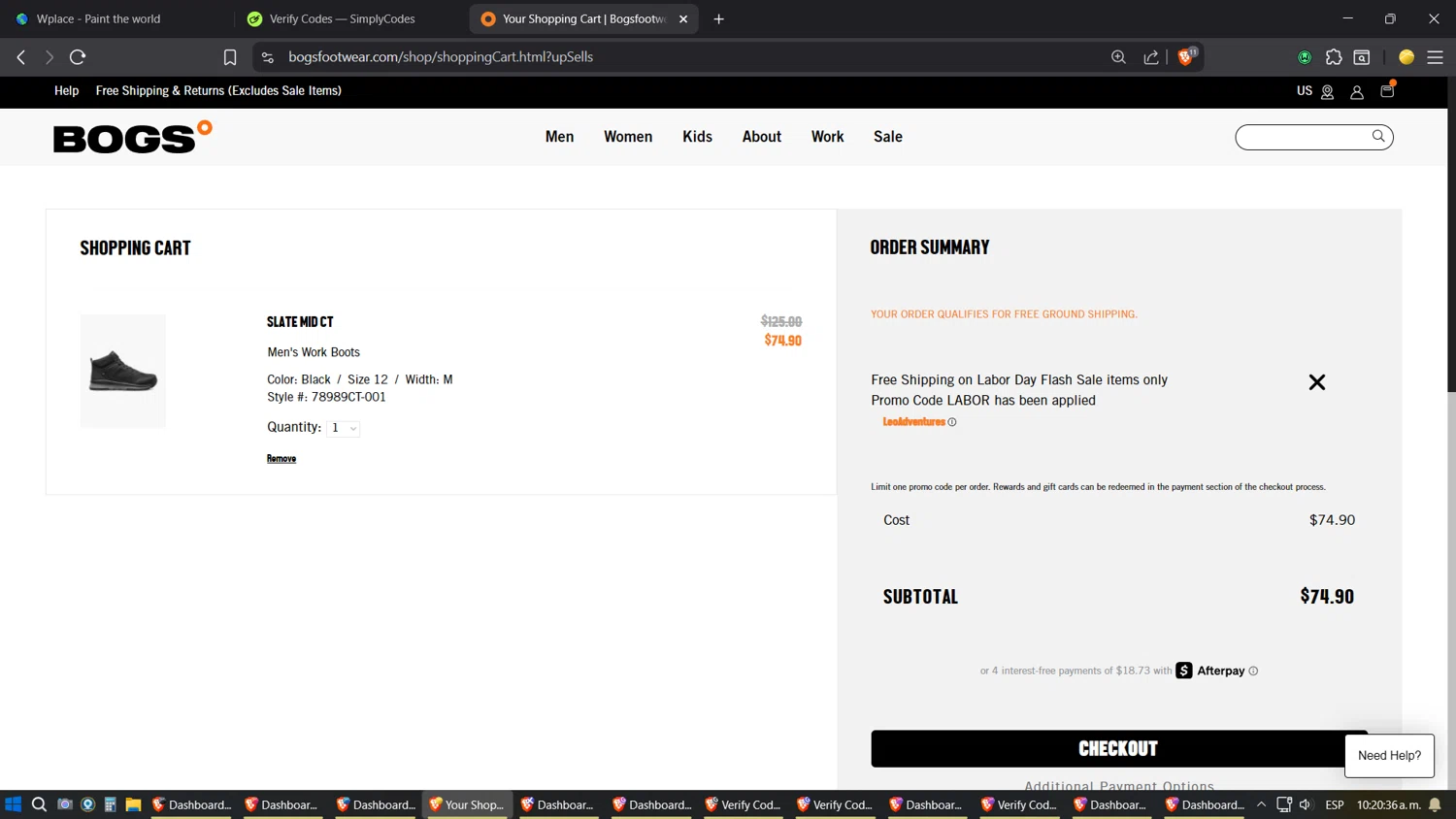 Bogs Footwear promo code screenshot showing code LABOR applied at Bogs Footwear checkout page. Uploaded by SimplyCodes community member ZoilaPerrita on Aug 29, 2025