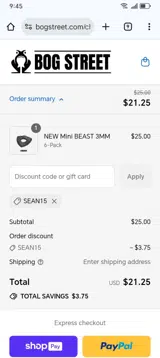 SEAN15 coupon verification screenshot