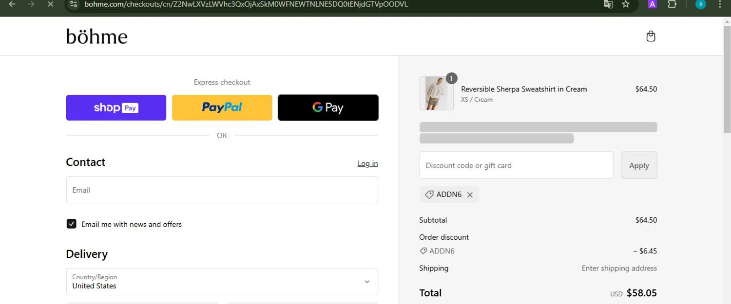 where to use Bohme promo code box