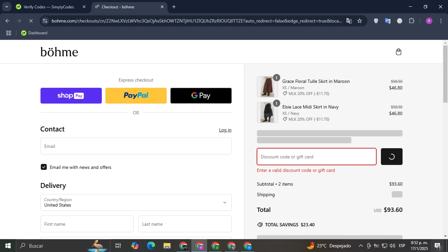 Bohme discount code screenshot showing code 20LINDSEYH applied at Bohme checkout page. Uploaded by SimplyCodes community member Datacodes on Jan 18, 2025