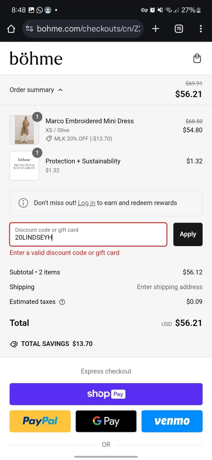 Bohme discount code screenshot showing code 20LINDSEYH applied at Bohme checkout page. Uploaded by SimplyCodes community member KataldoMustafack on Jan 18, 2025