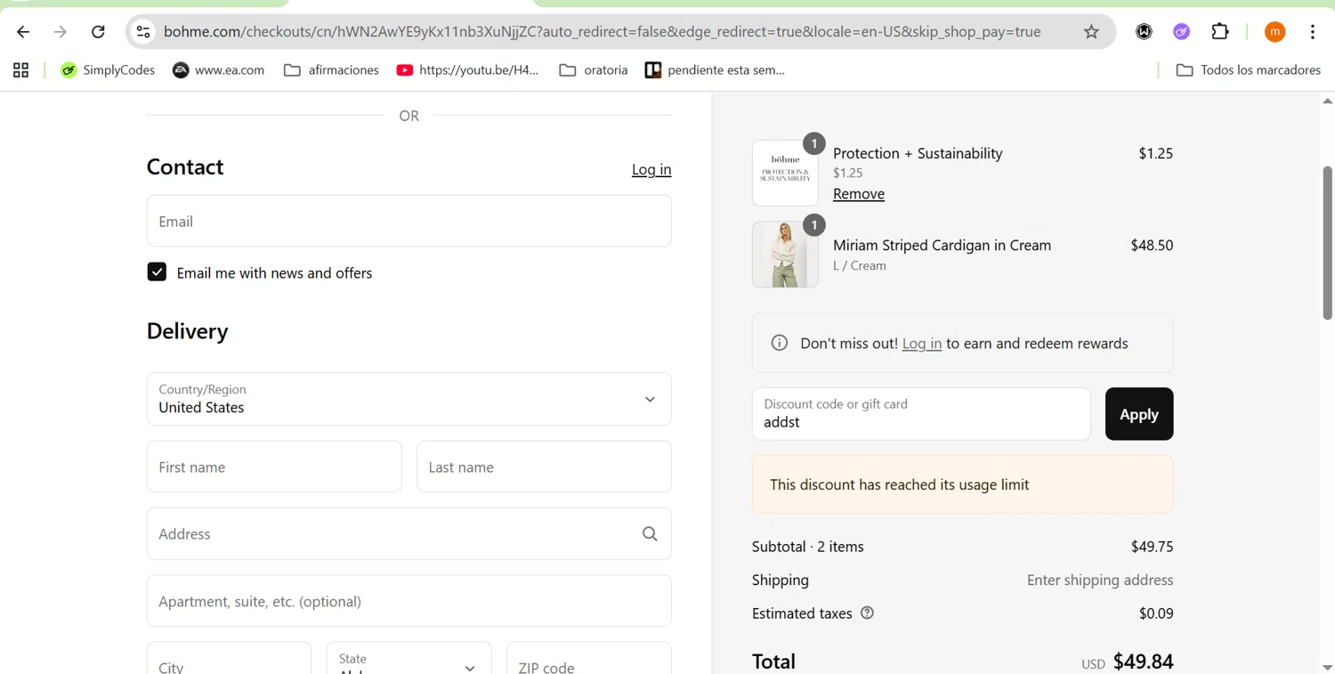 Bohme discount code screenshot showing code addst applied at Bohme checkout page. Uploaded by SimplyCodes community member ROIS28 on Aug 24, 2025