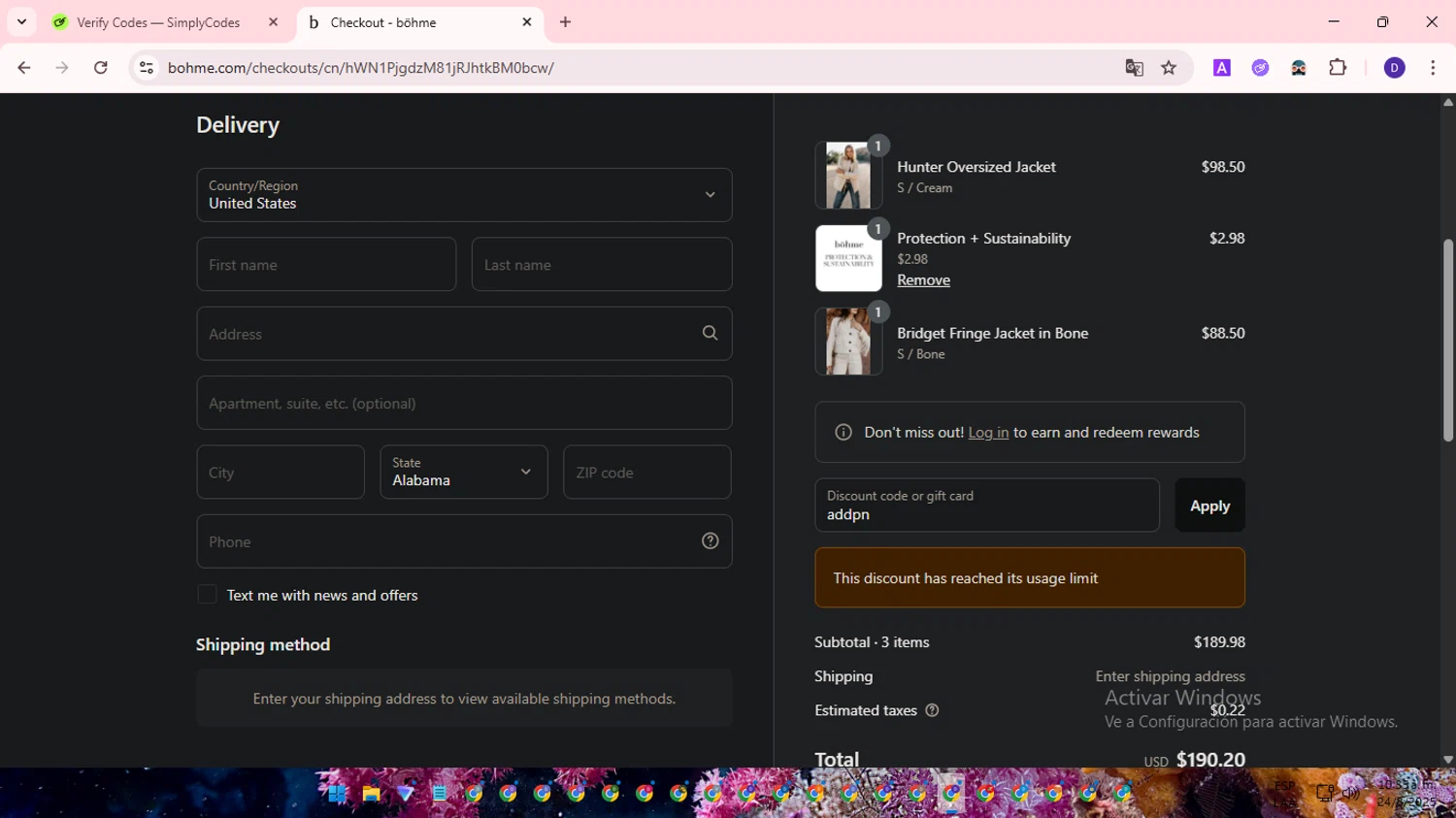 Bohme discount code screenshot showing code addpn applied at Bohme checkout page. Uploaded by SimplyCodes community member WonderLion2890 on Aug 24, 2025