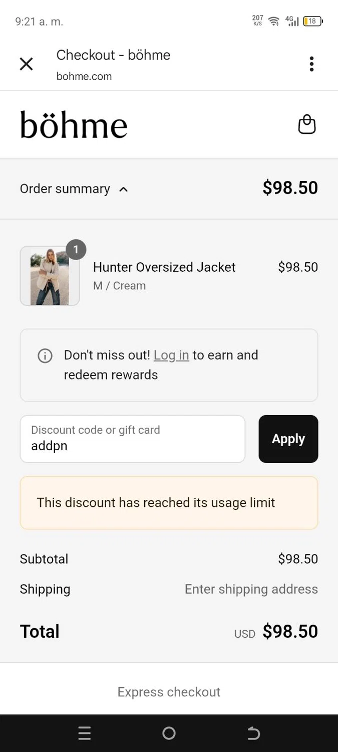Bohme discount code screenshot showing code addpn applied at Bohme checkout page. Uploaded by SimplyCodes community member miguelquevedo on Aug 24, 2025