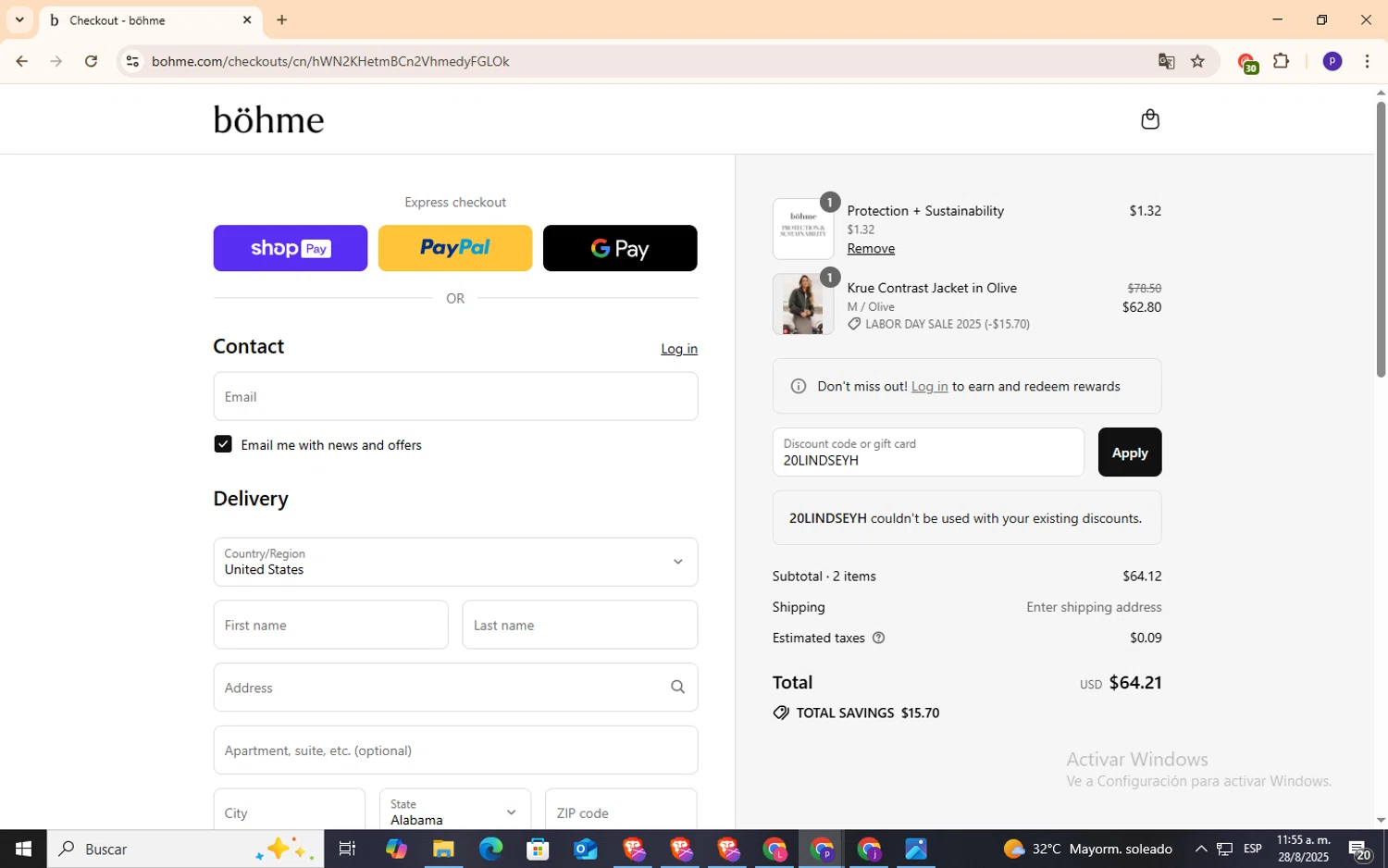 Bohme discount code screenshot showing code 20LINDSEYH applied at Bohme checkout page. Uploaded by SimplyCodes community member NobleFox9153 on Aug 28, 2025