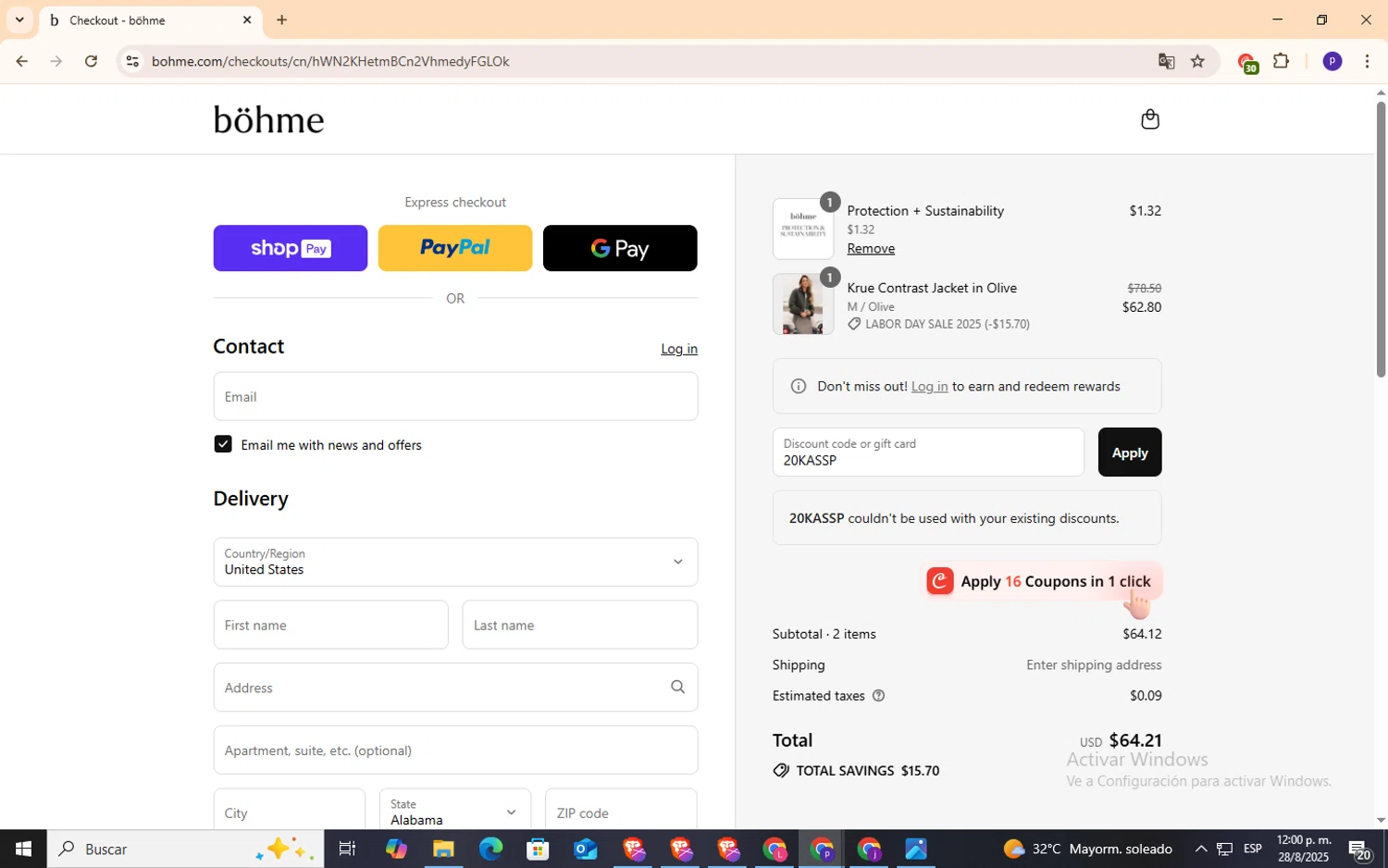 Bohme discount code screenshot showing code 20KASSP applied at Bohme checkout page. Uploaded by SimplyCodes community member NobleFox9153 on Aug 28, 2025