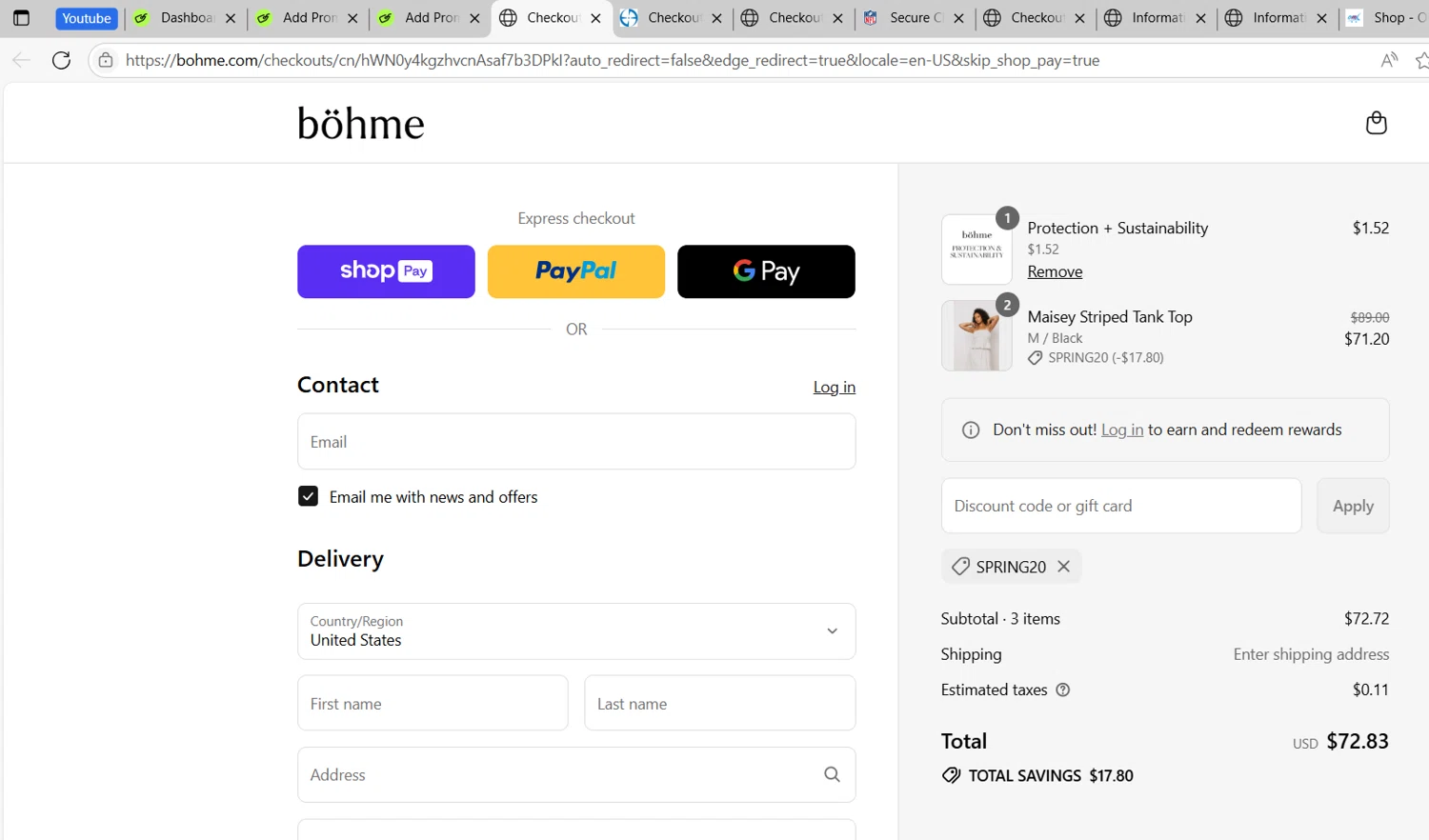Bohme discount code screenshot showing code SPRING20 applied at Bohme checkout page. Uploaded by SimplyCodes community member RoyalNavigator1011 on Jul 26, 2025