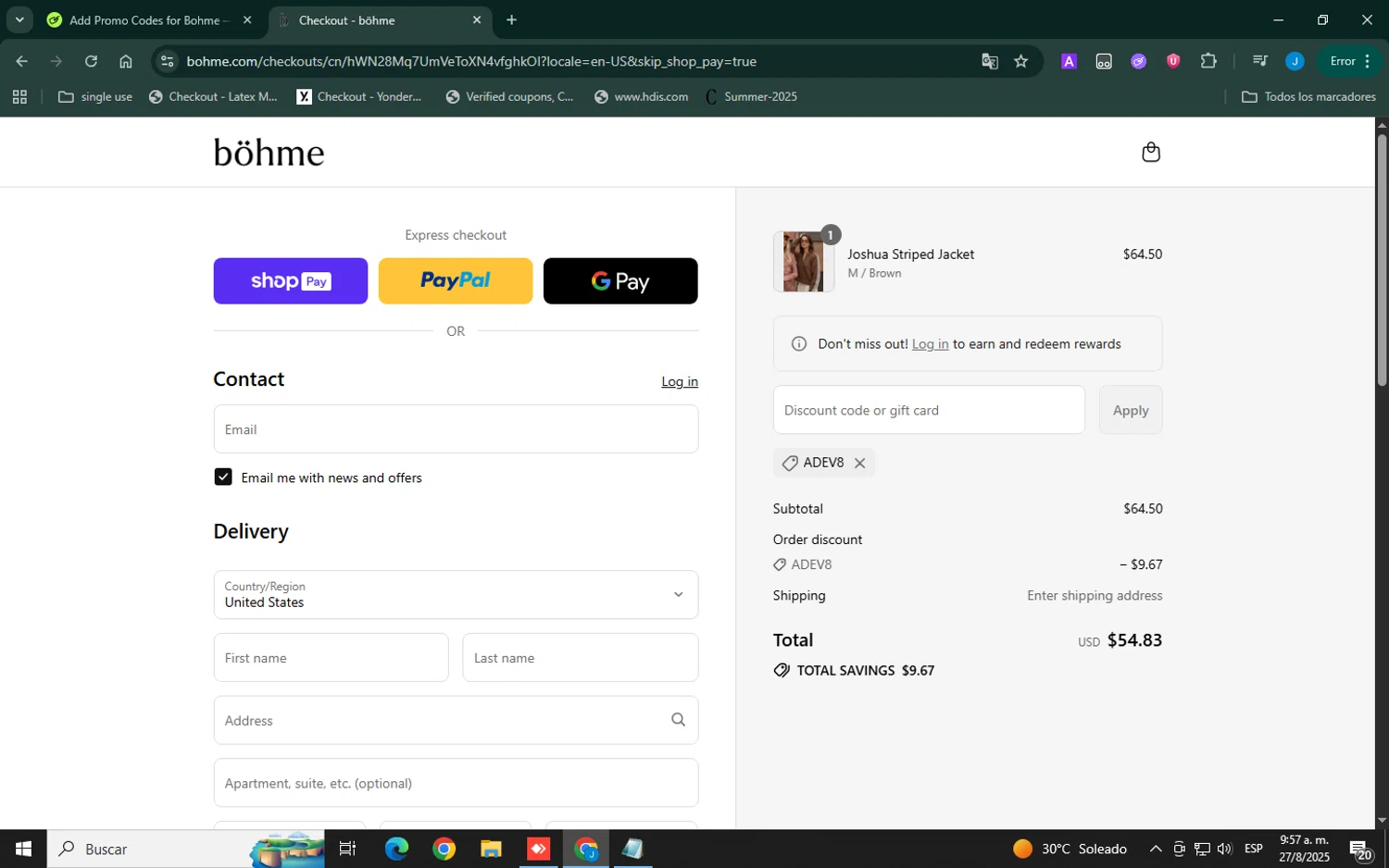 Bohme discount code screenshot showing code adev8 applied at Bohme checkout page. Uploaded by SimplyCodes community member Xemocodes on Aug 27, 2025