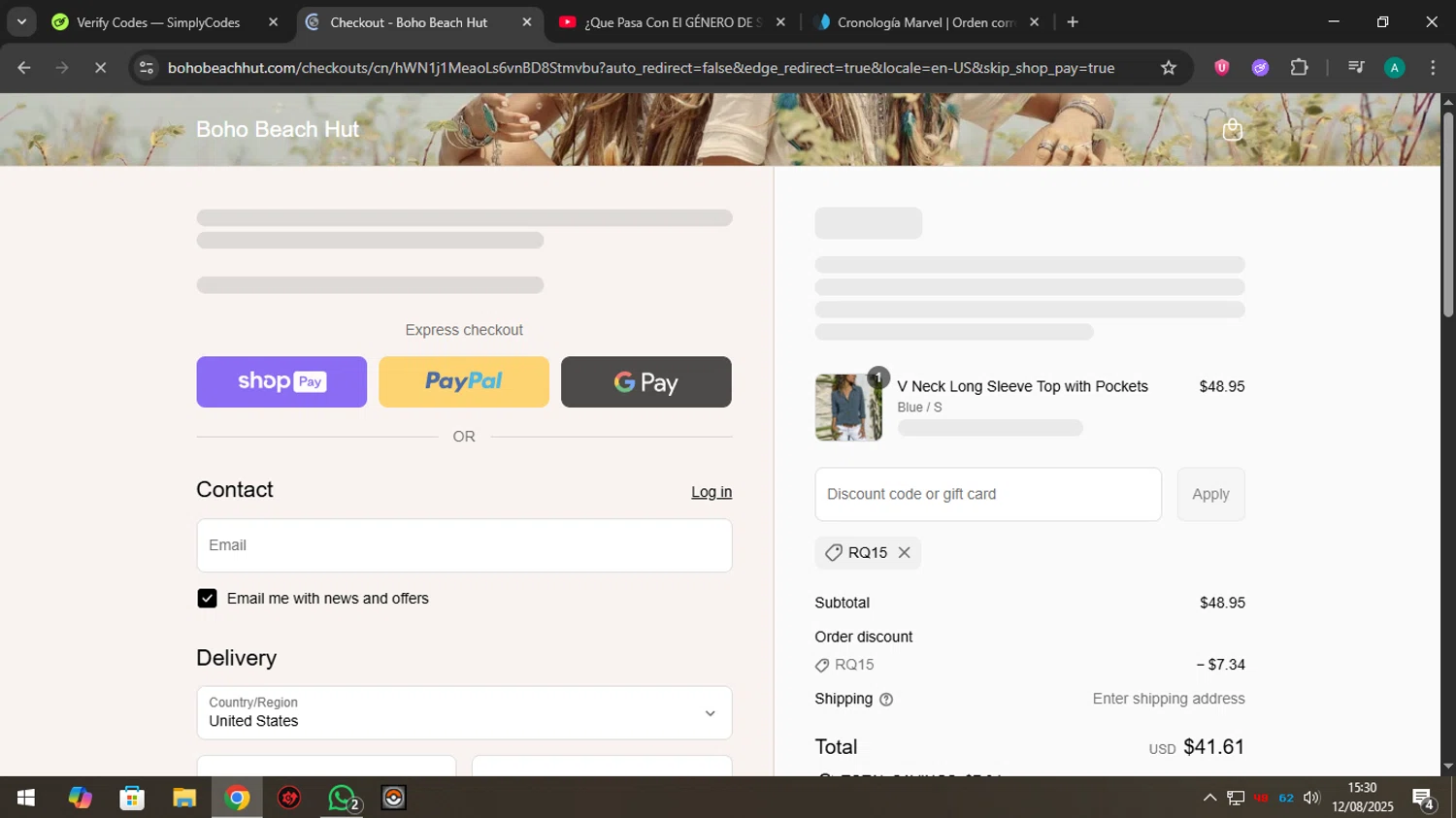Boho Beach Hut coupon code screenshot showing code RQ15 applied at Boho Beach Hut checkout page. Uploaded by SimplyCodes community member Holadiablo on Aug 12, 2025