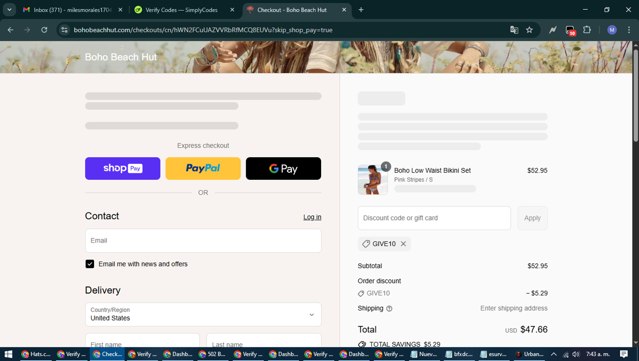 Boho Beach Hut checkout page showing Boho Beach Hut coupon code box | Screenshot taken by SimplyCodes community member on Aug 26, 2025